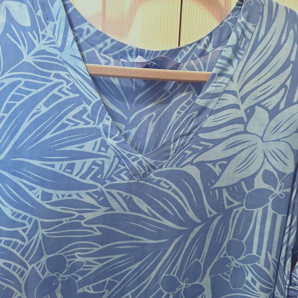 BLUE GINGER SWIM SUIT COVER UP 3/4 SLEEVES W/ RUCHING  BLUE FLORAL BOHO  NWT S